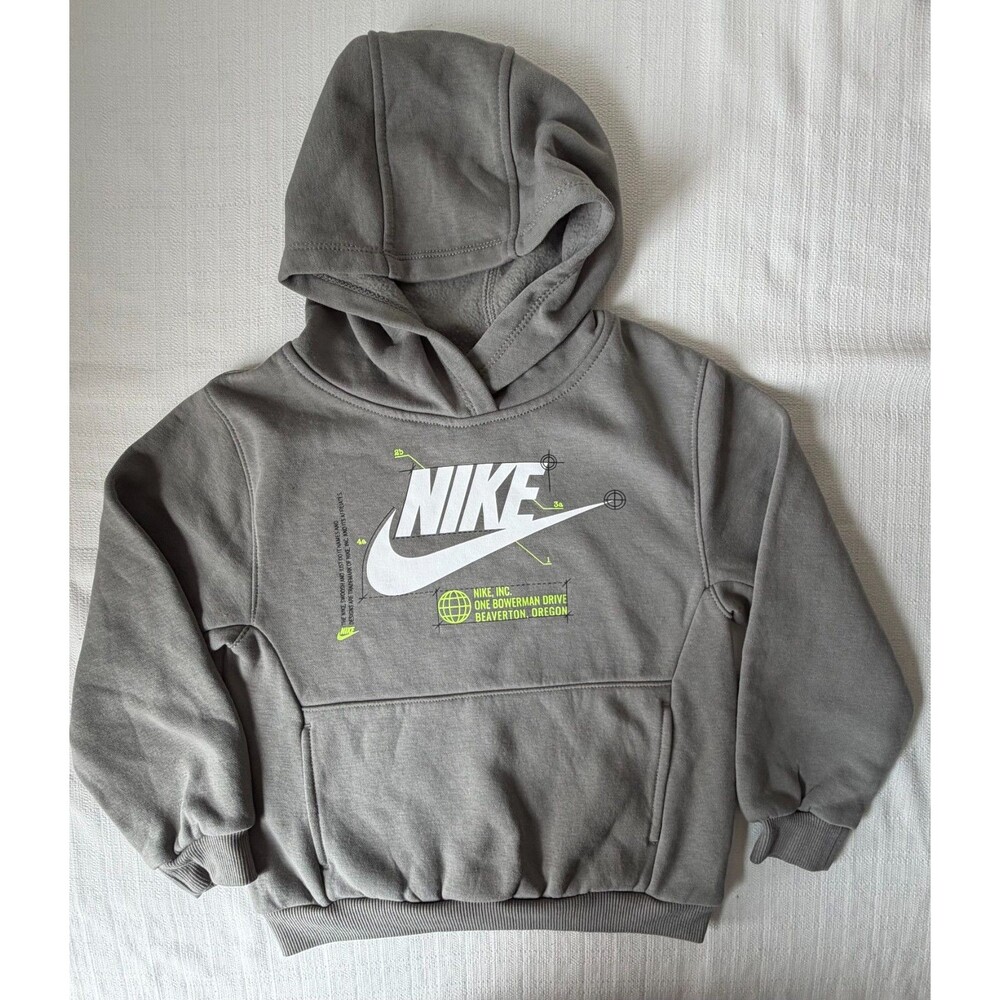 Nike Kids Hoodie 5-6 Years Gray Swoosh Graphic Pullover Sweatshirt Boys Girls